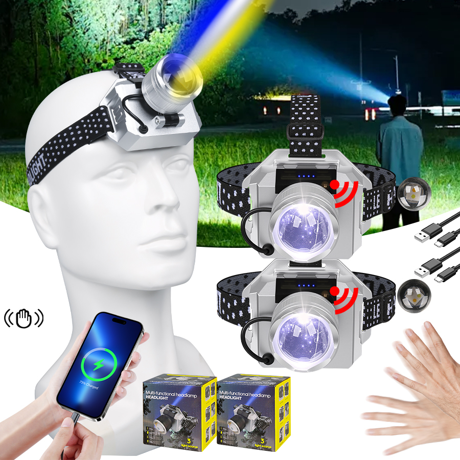 Super Bright LED Headlight, USB Rechargeable Zoom Head, Torch Wave Sensor Headlight, Outdoor Camping Emergency Fishing Headlight