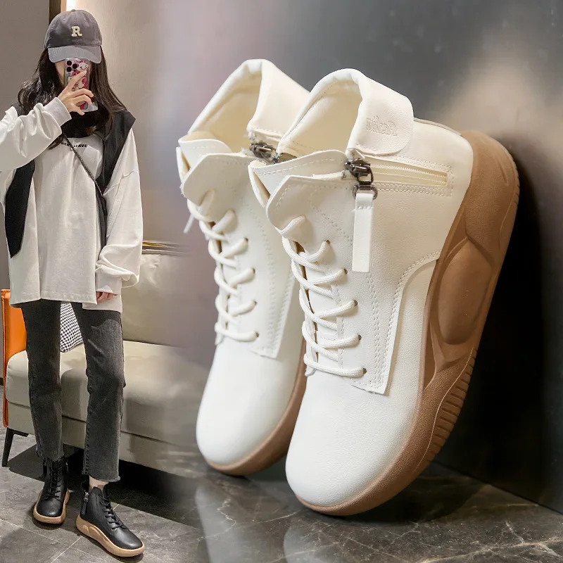 Women Platform Ankle Boots Fashion Casual High Top Sneakers Lace Up Side Zip Anti-slip Hiking Shoes Zapatilla Deportiva Mujer