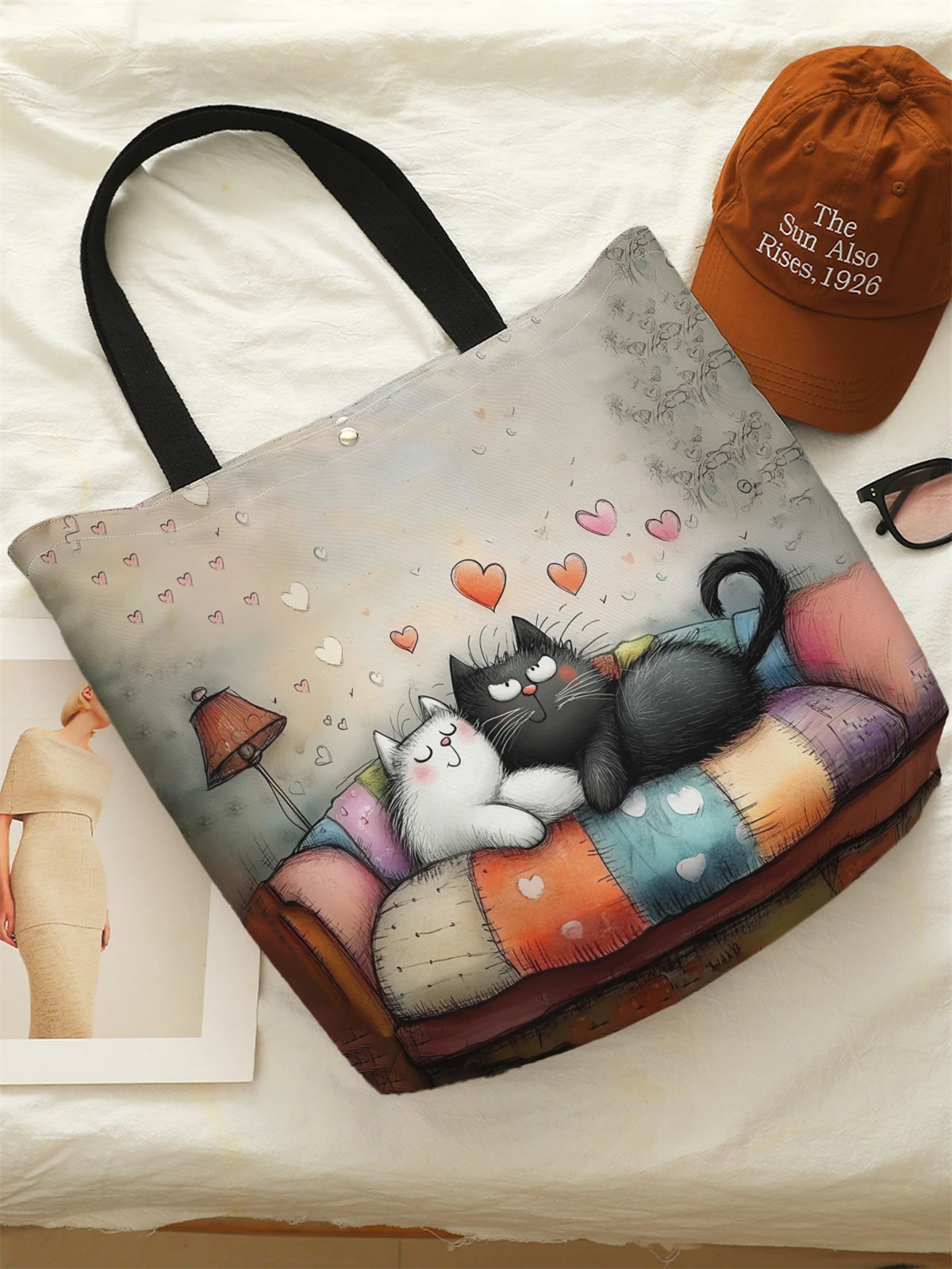 1pc， Cartoon cat pattern handbag, reusable fashionable handbag, multifunctional handbag, printed canvas shopping bag
