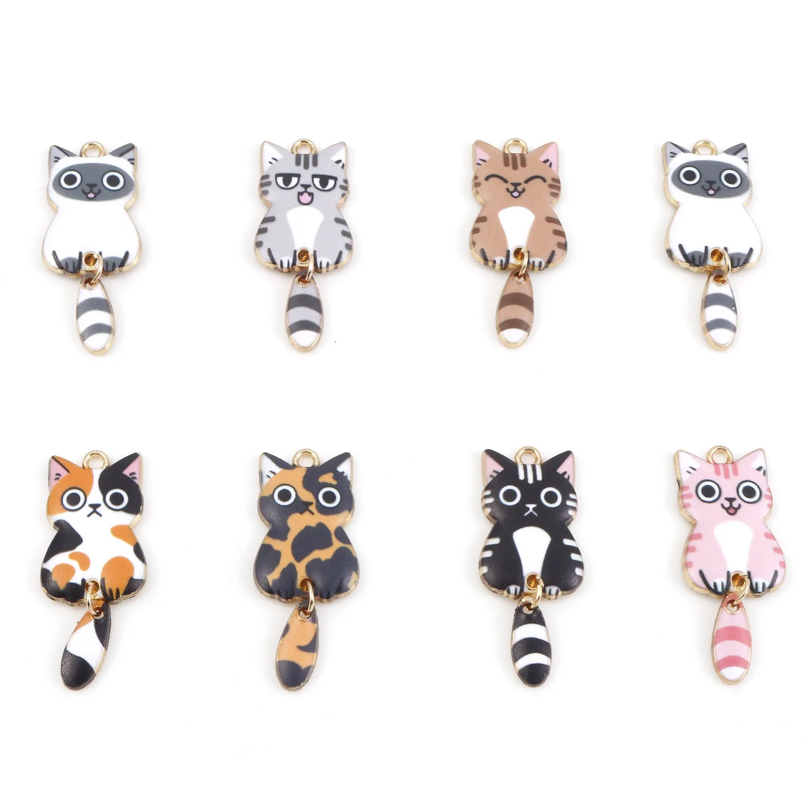 10 Pieces Cartoon Enamel Cat Charms Animal Pendants Gold Color Metal For DIY Bracelets Necklace Jewelry Making 3.9cm x 1.6cm 1