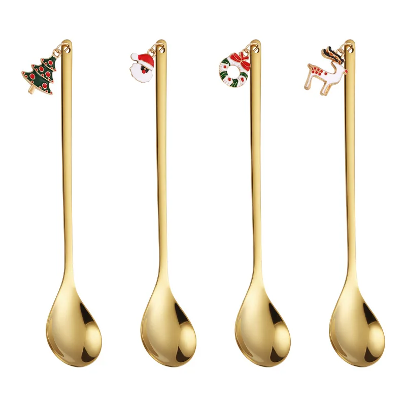 4PCS Christmas Stainless Steel Spoon Christmas Coffee Spoons Set Gold Home Restaurant Dessert Cutlery Set