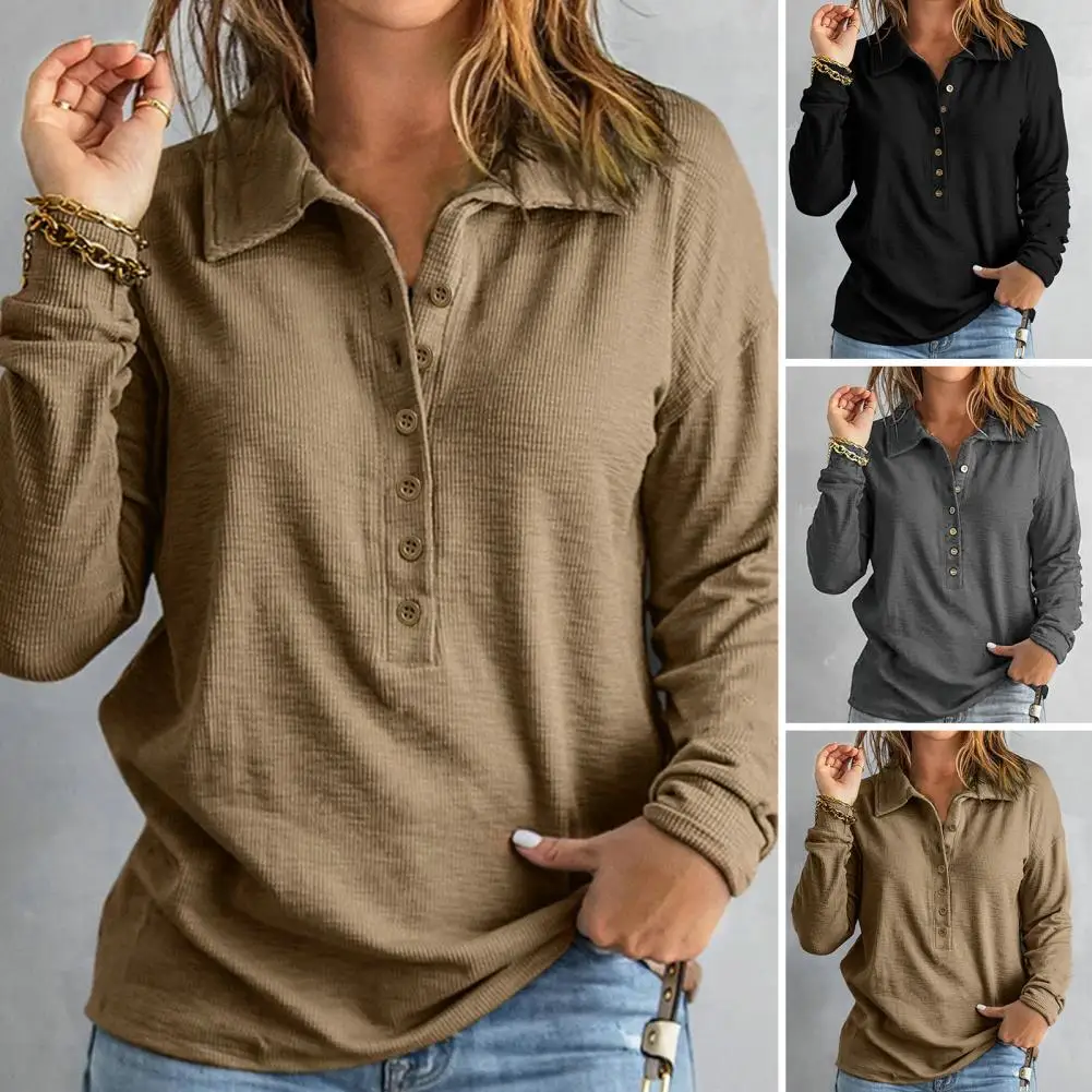 

Women Top Half Single-breasted Solid Color Buttons Long Sleeve Knitted Loose Elastic Lapel Daily Commute Lady Shirt Plus Size Bl