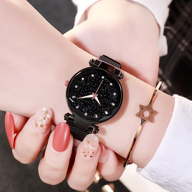Women Rhinestone Starry Dial Stainless Steel Strap Lady Quartz Watch Fashion Simple Watch Strap Wristwatches Bracelet for Women 3