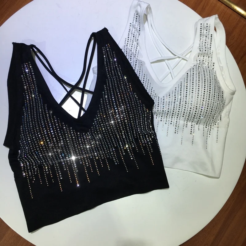 

Blingbling Hot Drilling Beautiful Back Sexy Camis Black Tank Tops Back Cross All-match Crop Top Slim Tube Top Black Camisole