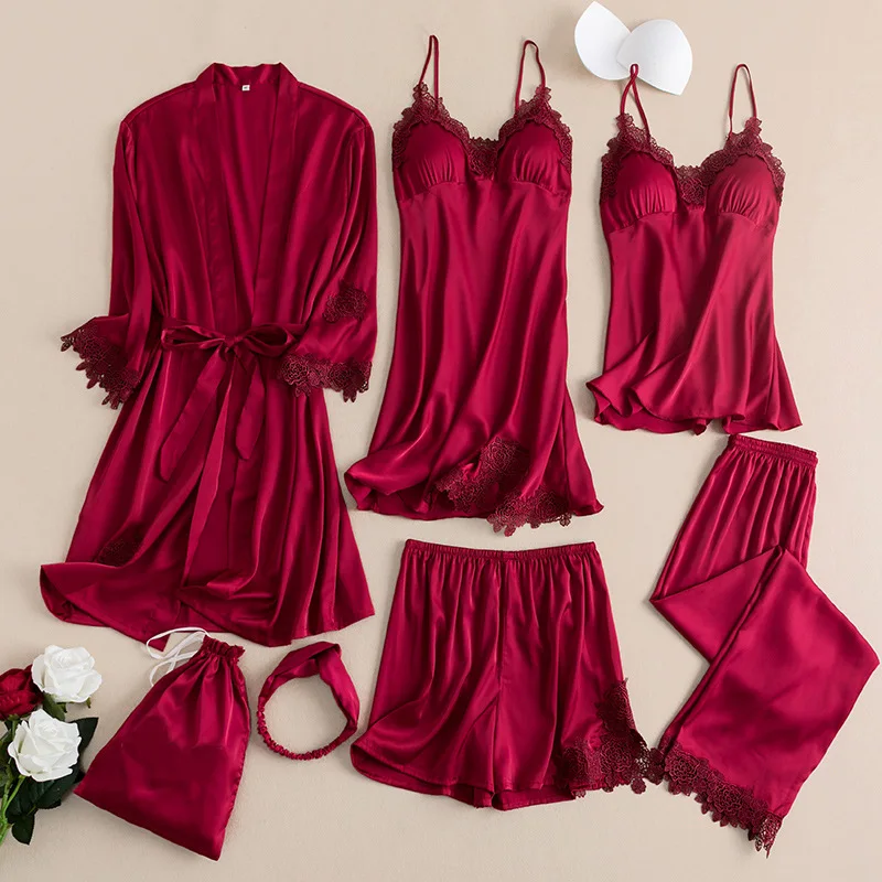 

New Women Pajamas Five Piece Set Sleepwear Sexy Lace Trim Bathrobe Nightgown Cami Shorts Trouser Suits Loose Satin Home Wear