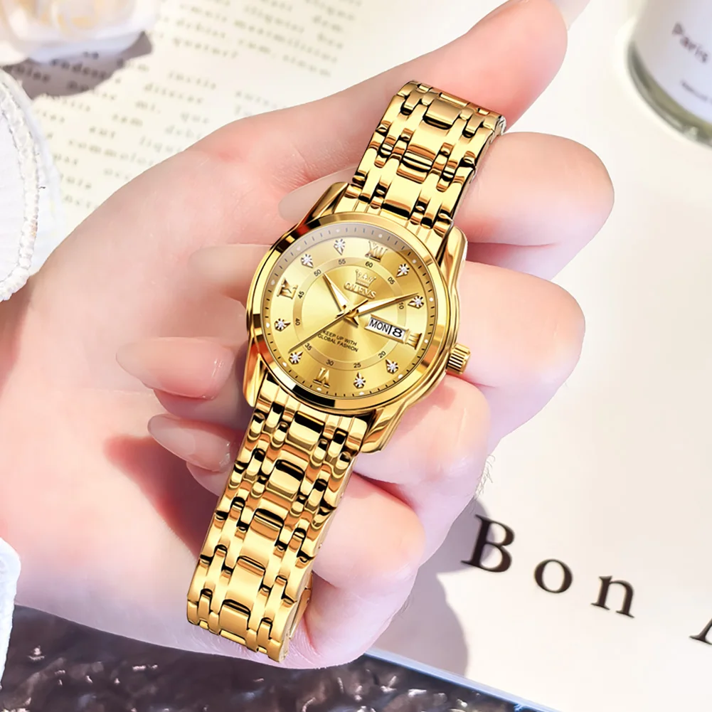 Relógio de quartzo feminino de aço inoxidável da moda, luxuoso, com calendário duplo, luminoso, à prova d'água, elegante para mulheres_voghion.com