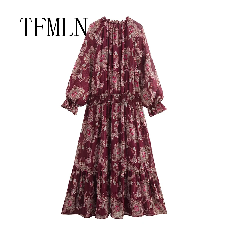 TFMLN Women Loose Long Dress Fashion Holiday Style Lantern Sleeve Lace Up Neck Midi Dress Bohemian Summer Vintage Dress