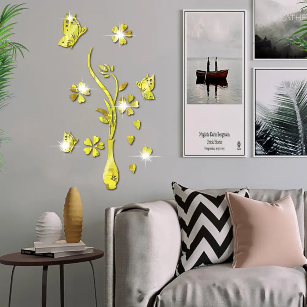 Elements Murals Home Decoration Mirror Surface Wall Sticker Charming Acrylic Vase Flower Butterfly