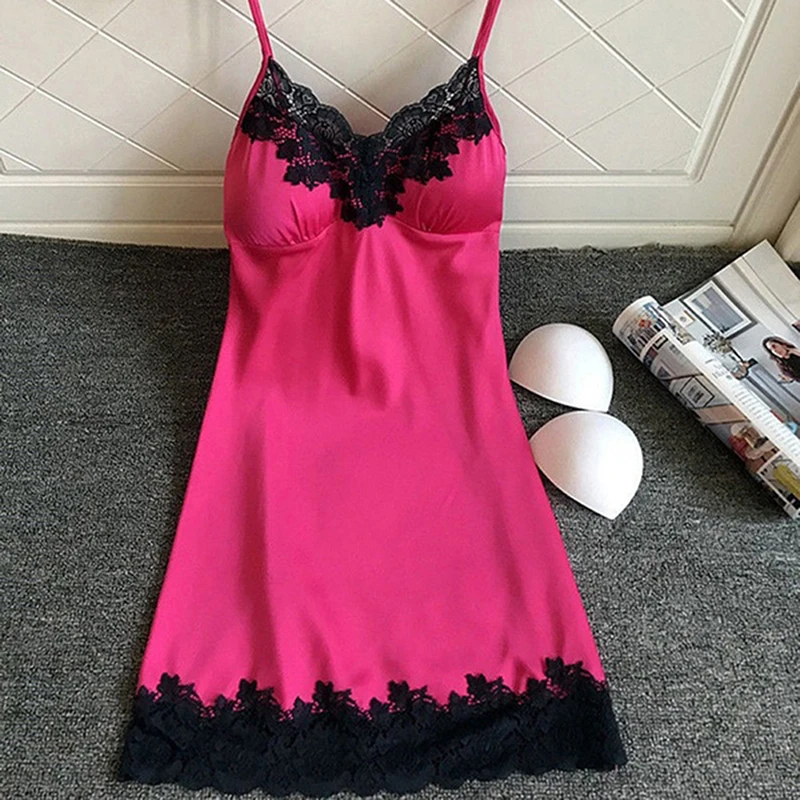 Women Lingerie Women Lingerie Set Women Nightgowns Women Nightdresses Sleeping Dress Women's Sexy Lingerie Summer Silk Night Gown Lace Patchwork Mini Night Dress Spaghetti Strap NO Chest Pad Sleepwear For Ladies