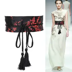 5 Colors Traditional Clothing Kimono Wide Belt Women Vintage Cummerbund Embroidered Fower Tassel Bandage Belt Hanfu Dress Belt