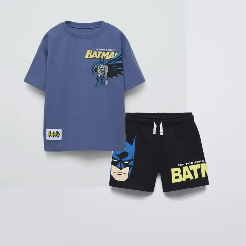 الصيف الفتيان أزياء زي الطباعة تي شيرت أسود السراو...