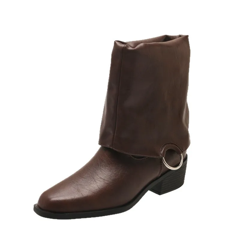 2025 New Winter Vintage Women Knee High Boot Concise Slip on Thick Heel Shoes Square Toe Knight Long Booties