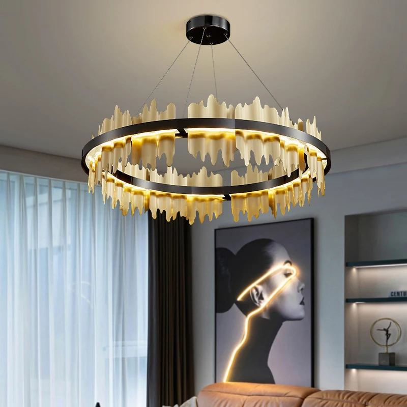 

Copper Circle led Chandelier Remote Control Stainless Steel Gold Hanging Lamp For Living Room Lobby Hotel Indoor Light Fixtures