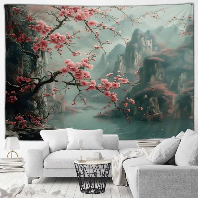 Tapisserie de paysage japonais, fleurs de cerisier roses, montagne brumeuse, paysage asiatique, décoration murale pour la maison, le salon et la chambre à coucher 5