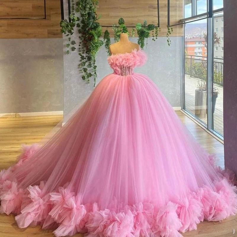 

Pink Fluffy Prom Dress Quinceanera Dress Tulle Pearl Off Shoulder Birthday Party Banquet Dress Custom