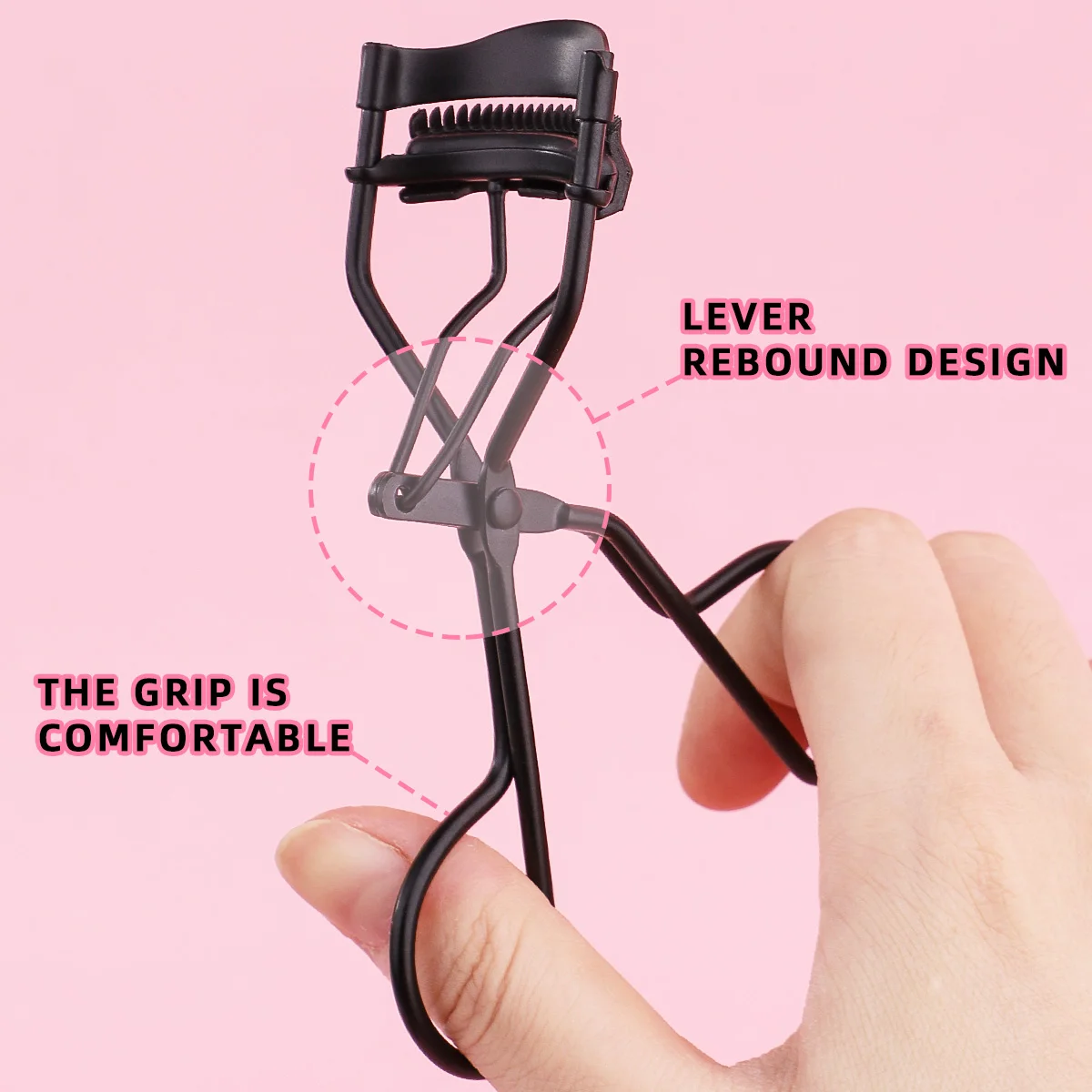 Description Picture 6 of item1 portable eyelash curler with 5 silicone pads, stainless steel eyelash curler, permanently shaping big eyes.