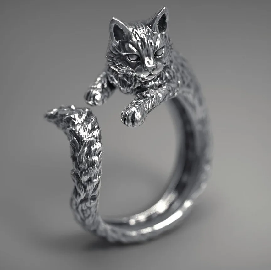 Fashion Silver Color Cat Adjustable Rings for Women Girl's Cute Animal Ring Charm Jewelry Accessories Gifts