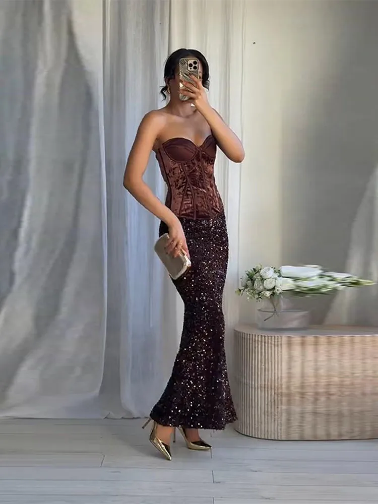 Elegant Sequin Long Skirt Set for Women Velvet Strapless Tube Top Shiny  Mermaid Skirts 2026 New Evening Party Lady 2-Piece Sets - AliExpress  200000345