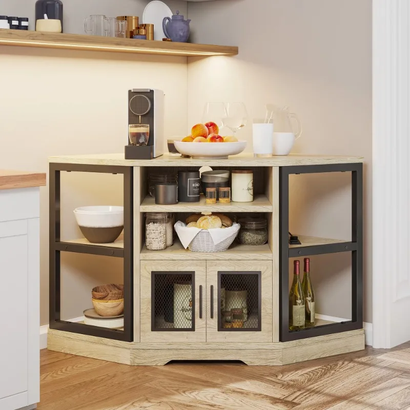 

DEXTRUS Corner Storage Cabinet, Farmhouse Buffet Sideboard with Power Outlet, OAK