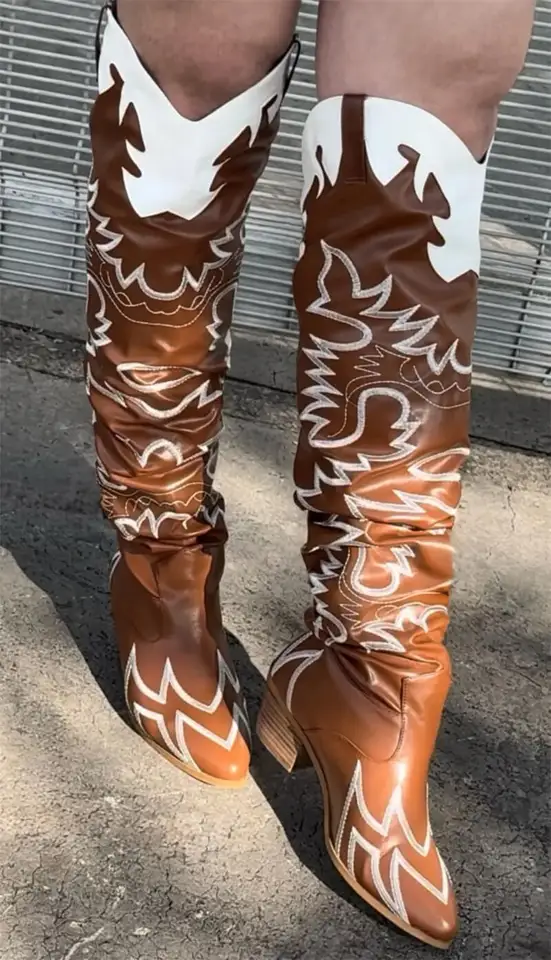 Dames Geborduurde Splitsen Antislip Cowboylaarzen Tot Halverwege De Kuit