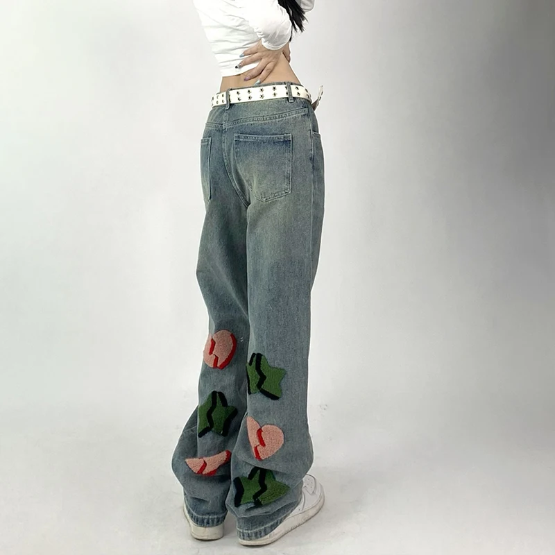 

Lady Embroidery Love Stars Long Denim Pants Female High Street Straight Jeans 2023 Autumn Harajuku Mujer Empire Hip-hop Trouser