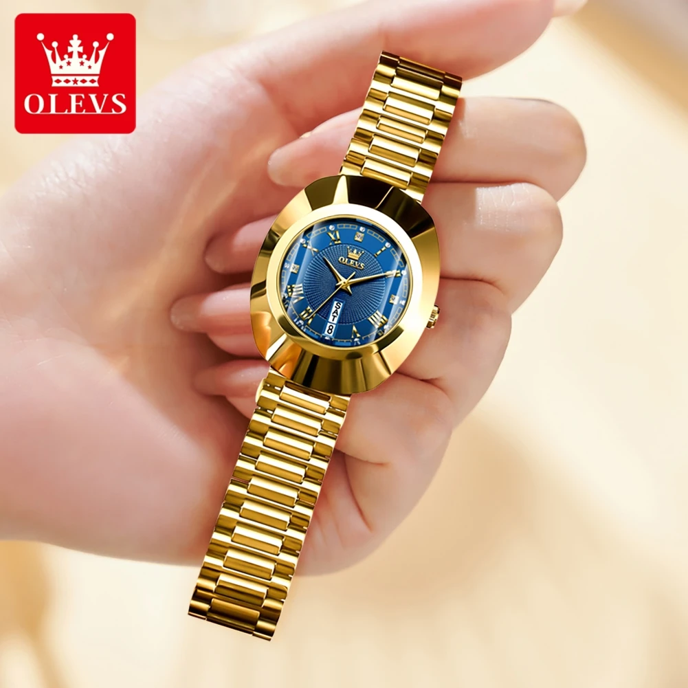OLEVS Brand Luxury Gold Blue Quartz Watch for Women Tungsten Steel Case Waterproof Fashion Week Calendar Women Wristwatches