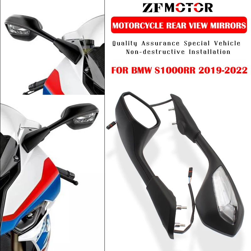 Motorcycle Rearview Mirrors LED Turn Signals Light For BMW S1000RR 20192022 2020 2021 Black