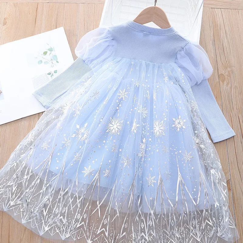 Girls Cartoon Dress 2023 Fall Fashion Frozen Elsa Princess Dresses Kids Long Sleeve Mesh Costume Crown+Magic Wand Girl Clothes