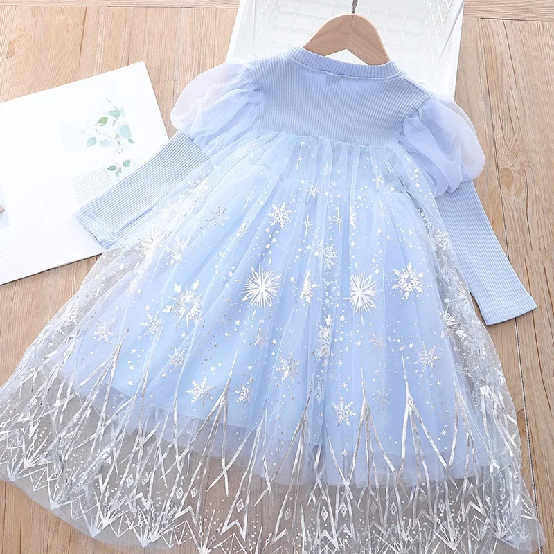 Girls Cartoon Dress Fall Frozen Elsa Princess Dresses Kids Long Sleeve Mesh Costume Crown+Magic Wand Girl Clothes girls dress princess costume kids clothes