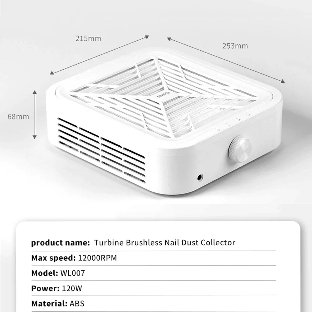 Turbine Brushless Nail Dust Remover Strong Suction 120W Nail Vacuum Cleaner for Manicure with Removable Filter Speed Adjustable