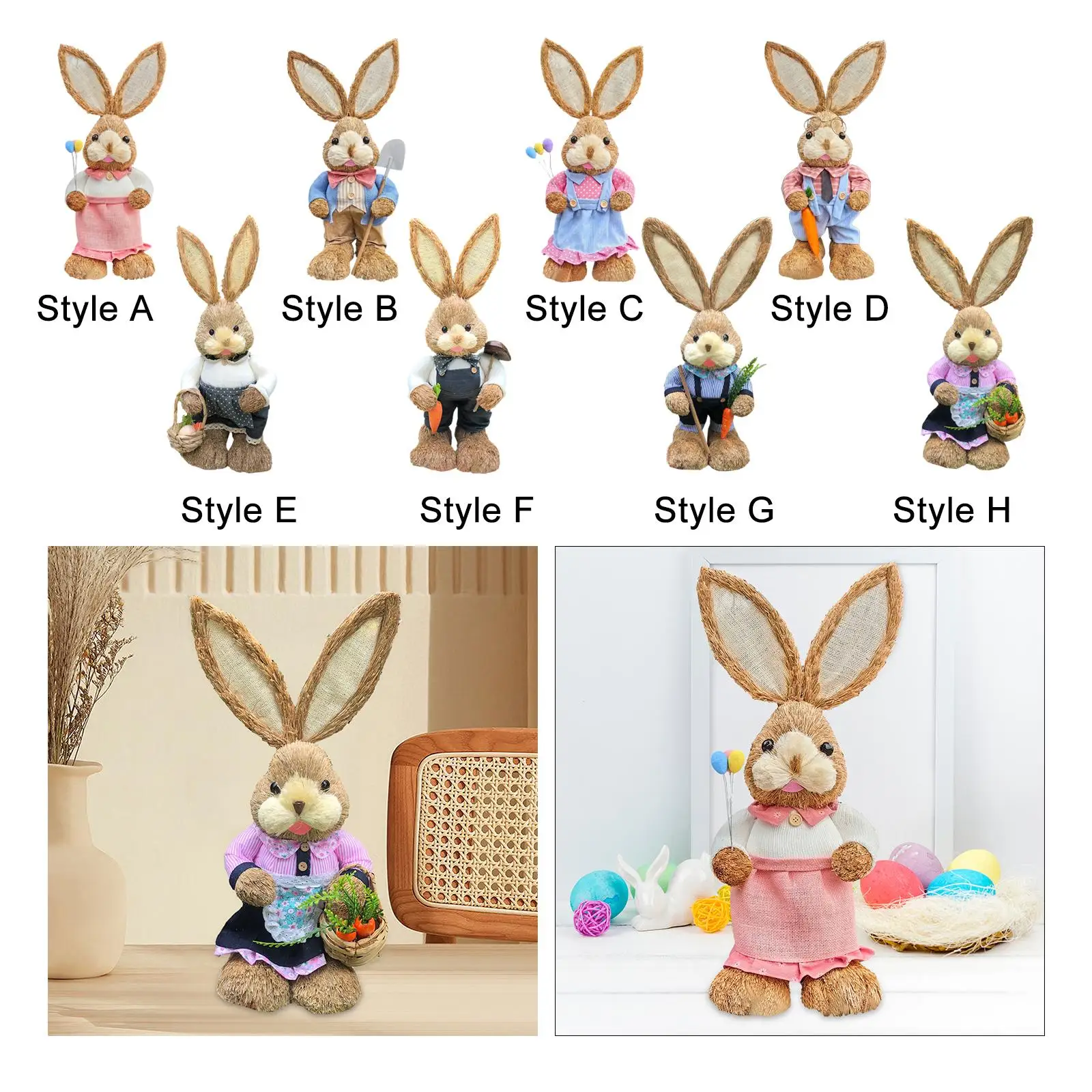 Straw Easter Bunny Figurine Decorative Standing Statue Animal Sculpture