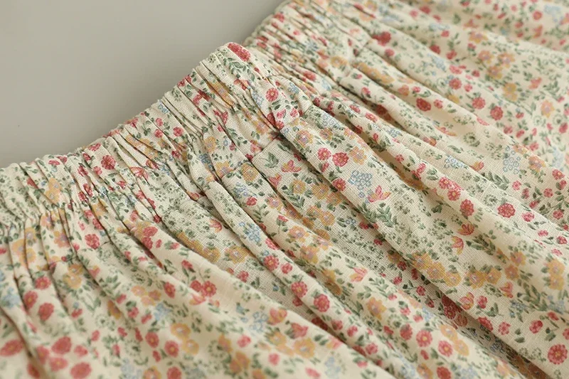 Summer Sweet Mori Girl Embroidery Spliced Floral Skirt Women Elastic Waist Casual Loose Vintage Cotton Skirts