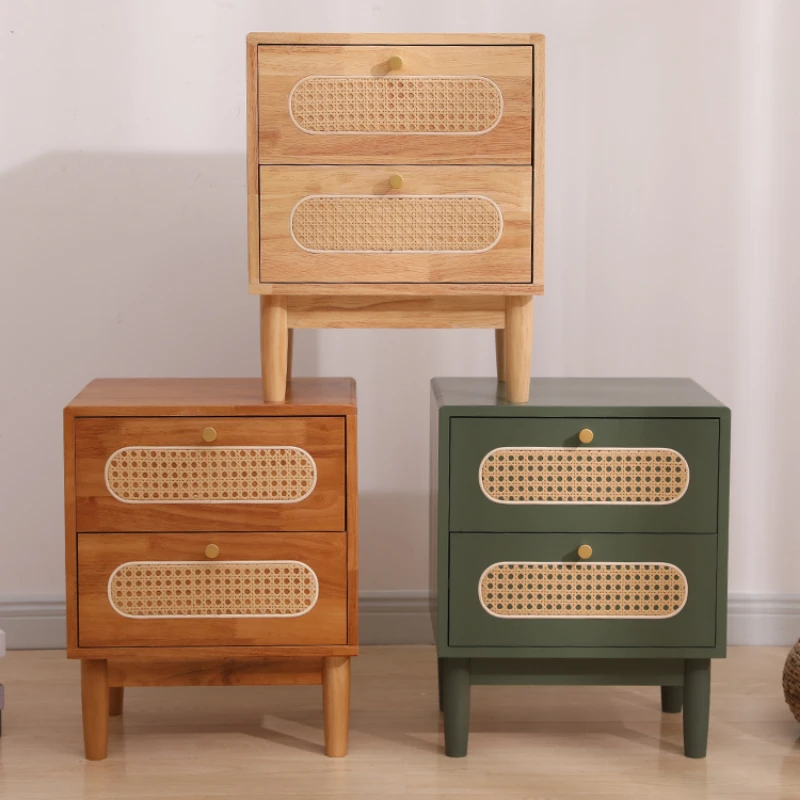 Nightstands Set of Bedside Table with Drawer and Shelf Handmade Rattan Decorated Doors Night Stands for Bedroom
