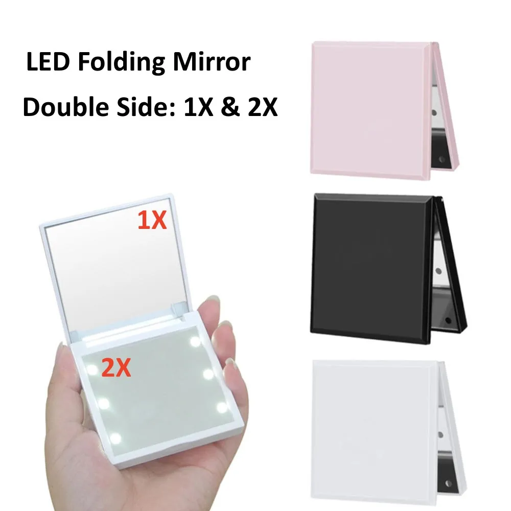 6 Led Makeup Mirror With Light 1x 2x Magnifying Small Pocket Portable Travel Pink Black White
