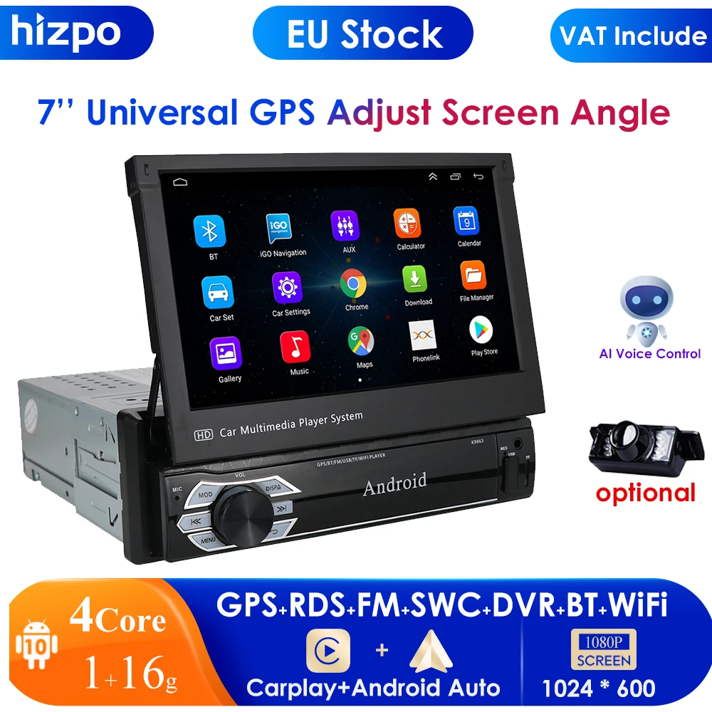 Universal 1Din Car Multimedia Player 7inch Ajustable Touch Screen Autoradio Stereo Video GPS WiFi Auto Radio Android Carplay RDS |