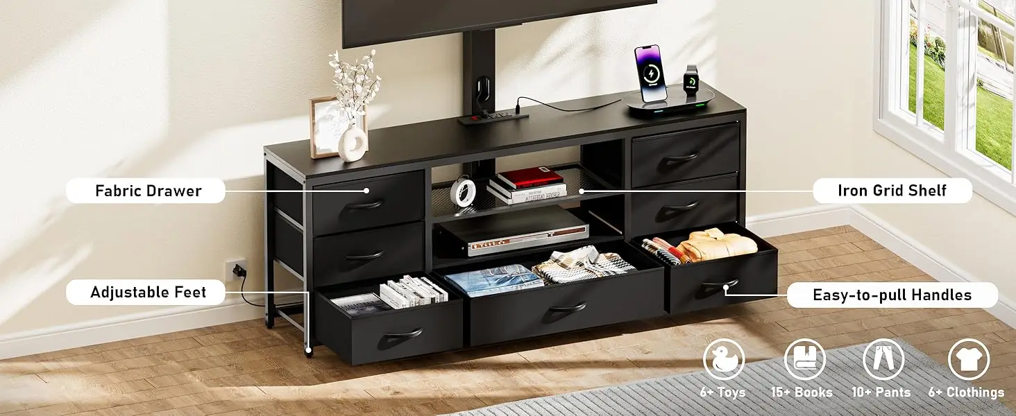 TV Stand with 7 Fabric Drawers and Open Shelves for Storage.
