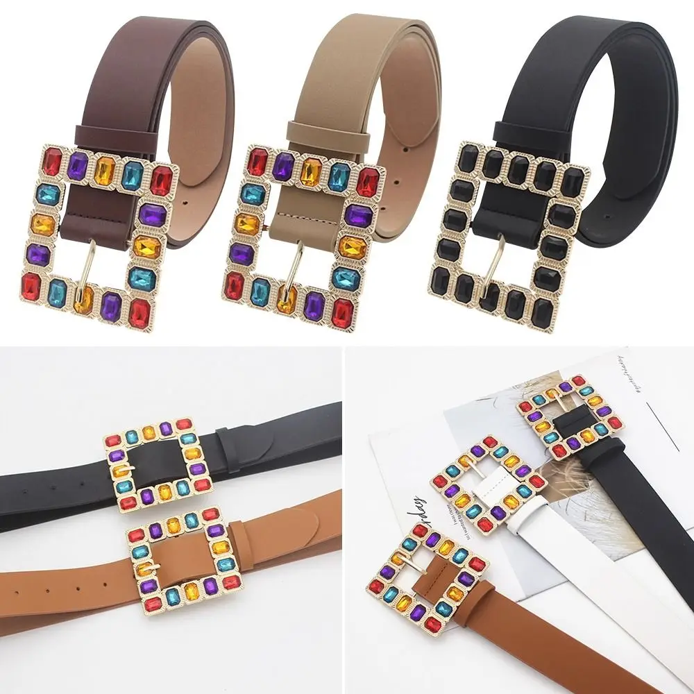 

Women All-match Casual Vintage Wild Pants Bands Colorful Diamond Leather Belt Pin Buckle Waistband Ladies Dress Belts