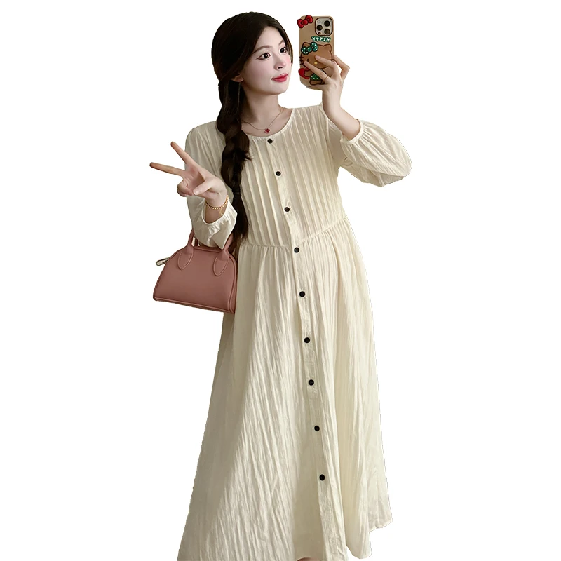 

2024 Spring Pregnant Women Oversized Dress Long Loose Maternity Pleated Dresses Single-Breasted Plus Size Pregnancy Casual Dress