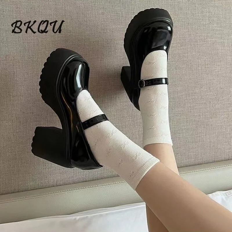 BKQU Brand 2024 Summer New Women's Mary Jane Shoes Lolita Retro Style Ultra High Heel 9cm Thick Heel Walking Safety