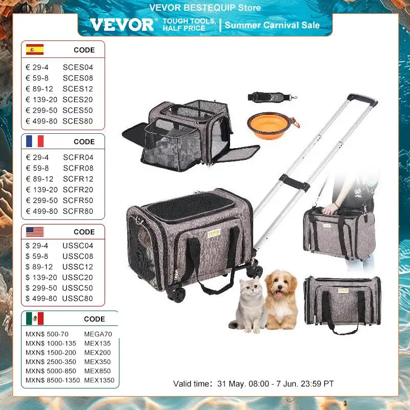 VEVOR Pet Cat Carrier Breathable Outgoing Dog Carry Backpack with Telescopic Handle Wheels and Shoulder Strap for Travel Trip