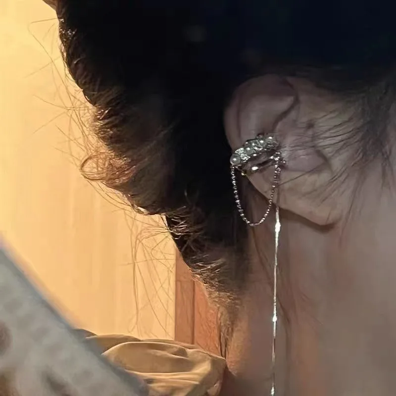 Imitation Pearl C Shape Long Tassel Ear Cuff No Piercing Earrings Female Design Simple Ear Clip Party Jewelry 1Pcs