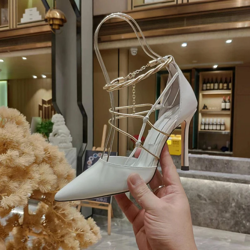 

Luxury Genuine Leather High Heel Pumps Pointed Toe Metal Chain Hollow Desing Sandals Fashion Sexy Slim Stiletto Woman Brand Shoe