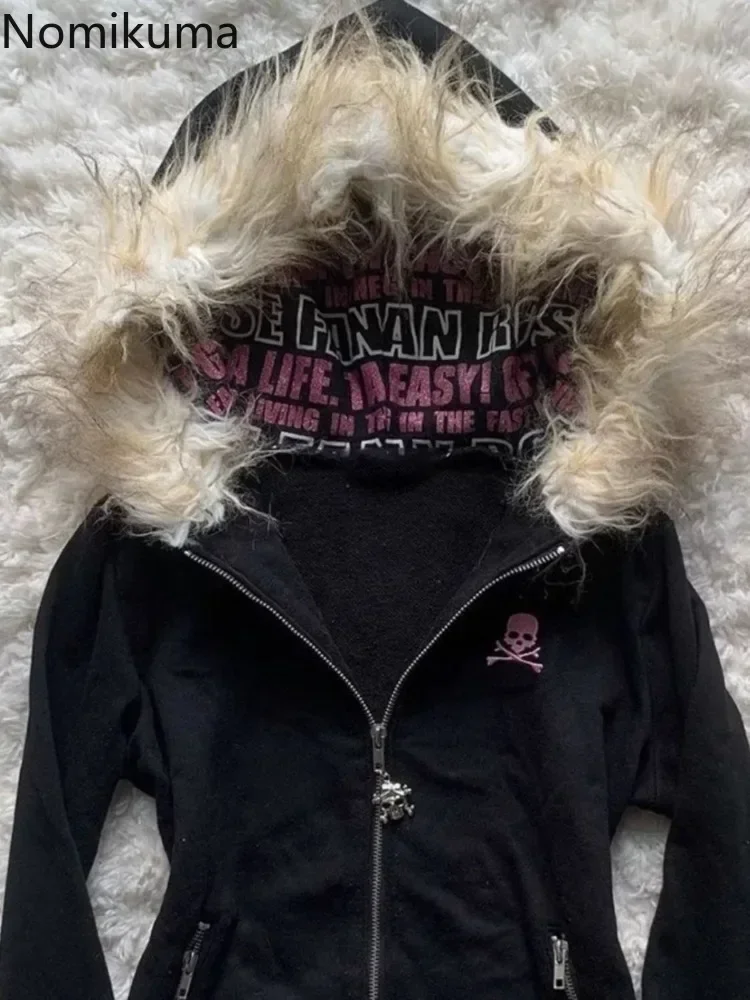 Black Goth Hoodie Women's Clothes Letter Skull Embroidery Zipper Y2k Coat Fashion Hooded Jacket Japanese Sweatshirts Y2K Tops 3