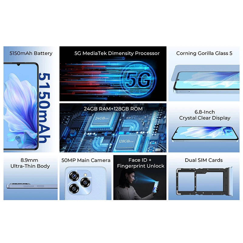 Oukitel C50 5G Smartphone Android 14 6.8“ HD Waterdrop Display 5150mAh 6GB+128GB Mobile phone 50MP+5MP Camera CellPhone 6