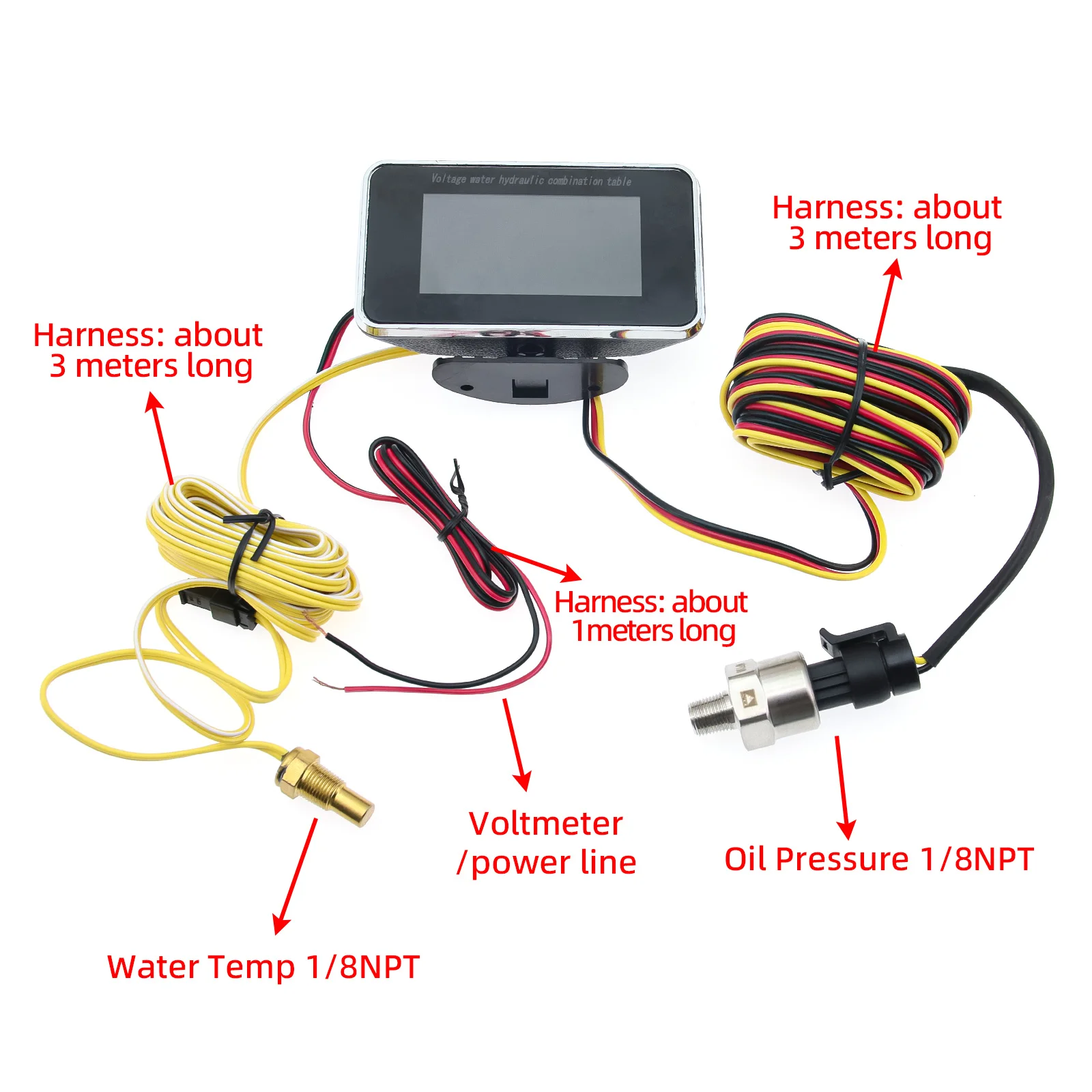 Cyfrowy wskaźnik ciśnienia oleju 3 w 1 LCD Woltomierz miernik temperatury wody 1/8 NPT Czujnik ciśnienia oleju + czujnik temperatury wody 10 mm