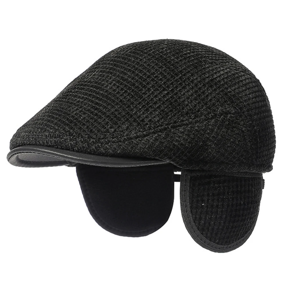 

HT4320 Berets Men Women Thick Warm Beret Hats with Ear Flaps Male Female Flat Cap Solid Black Grey Winter Beret Caps