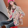 Autumn mid-length hand-painted graffiti print casual women's plaid suit jacket 1