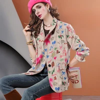 Autumn mid-length hand-painted graffiti print casual women's plaid suit jacket 1