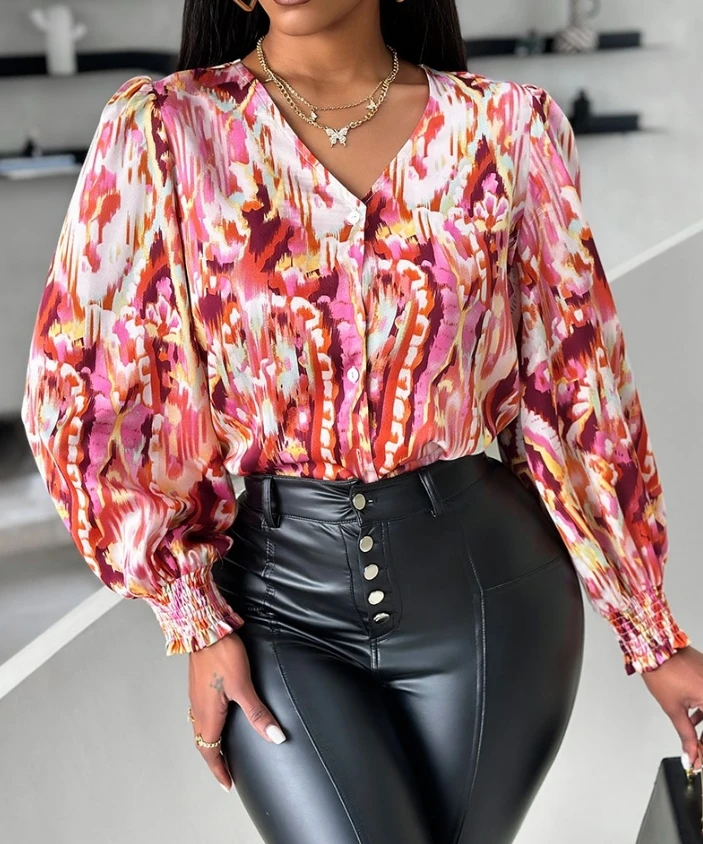 

Casual Blouses Women Clothing All Over Print Shirred Women Top 2024 Spring Summer New Slim Long Sleeve Temperament V-Neck Blouse