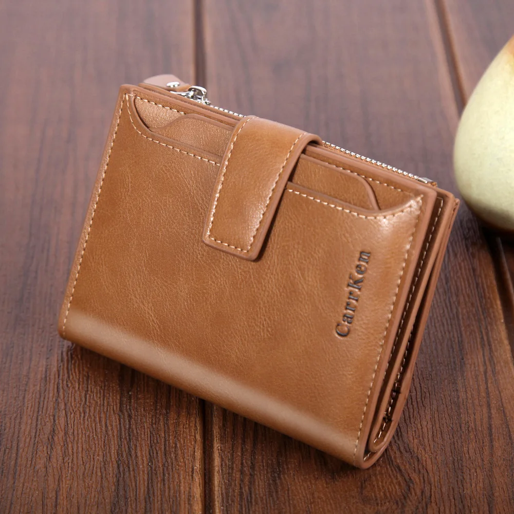 Men's Short Wallet, Large Capacity Zippered Oil Wax Leather Soft Leather Zero Wallet, Buckle Up Fashionable Business Wallet